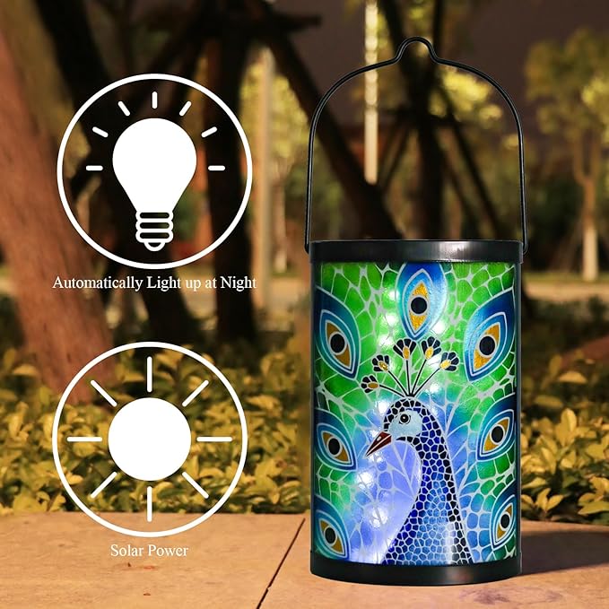 Hanging Solar Lantern Outdoor Waterproof Peacock Solar Lights Glass Tabletop Decorative Lamp for Outdoor Patio Garden Outside Yard Decor