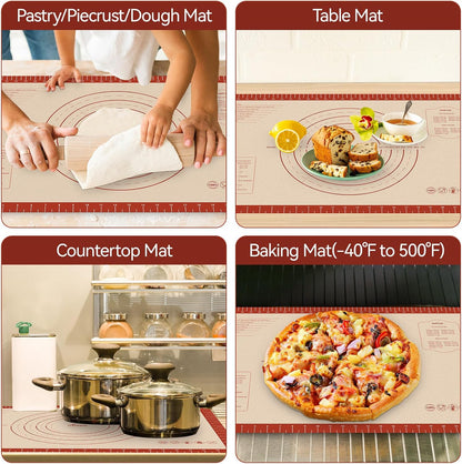 Hotec Silicone Baking Mat - 26x16 Thickened Pastry Dough Mat with Measurement Non-Stick For Dough Rolling, Bread, Oven Liner, Kitchen Counter
