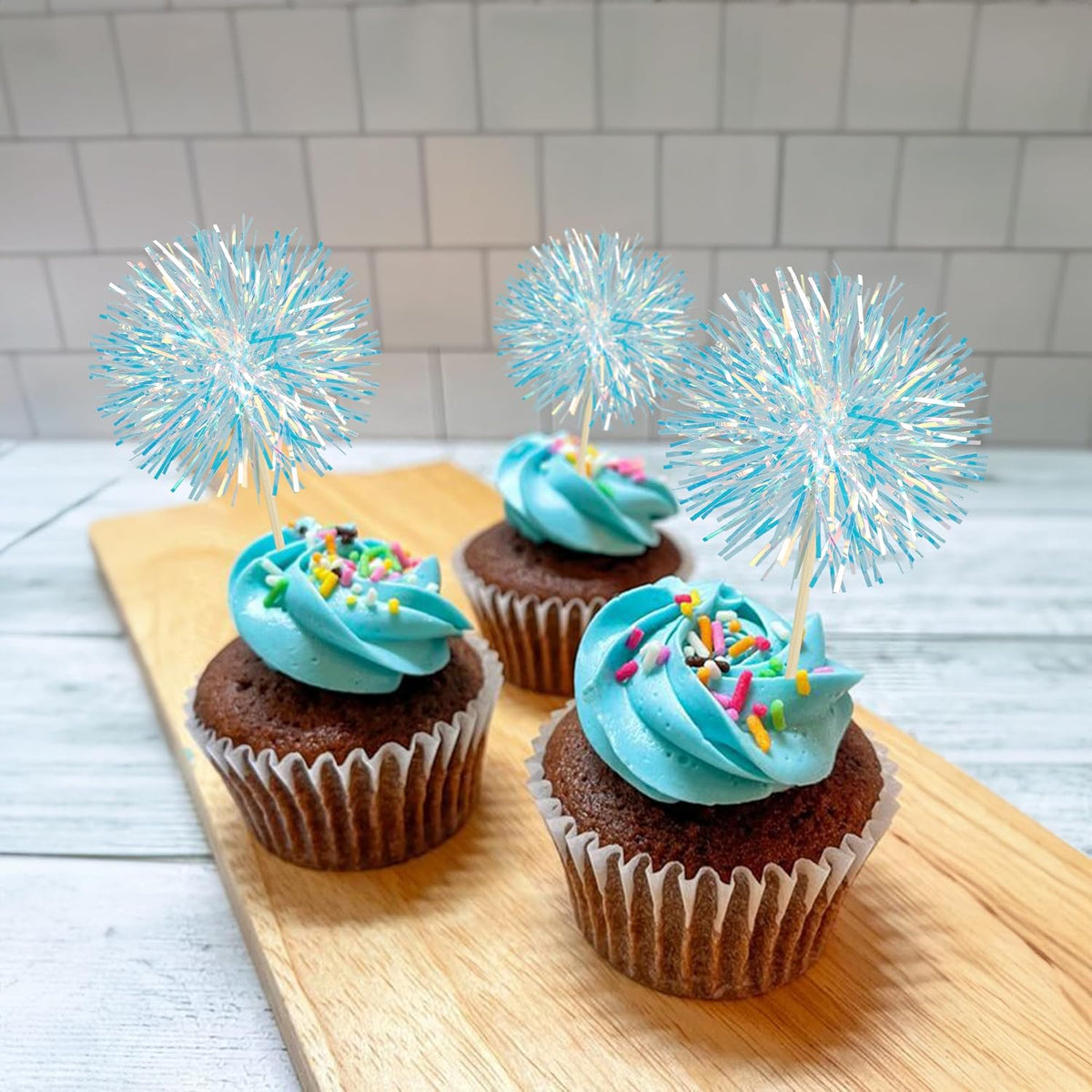 Ephlyn 30Pcs Foil Firework Cupcake Toppers Party Birthday Cake Toppers Supplies Sparkle Tinsel Cocktail Fruit Toothpick for Birthday Wedding Graduation Party Blue