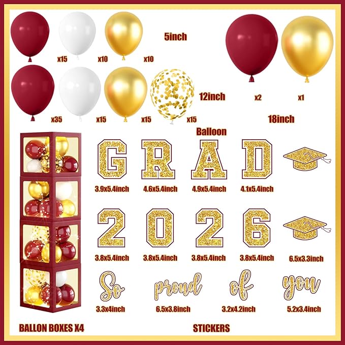 Graduation Decorations Class of 2026,Maroon and Gold Graduation Decorations 2026,Maroon and Gold Grad Balloon Boxes with Letters 2026,So Proud of You Backdrop for Graduation Party