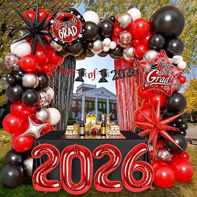Red and Black Graduation Decorations with Fringe Curtain Banner Metallic Silver Confetti Black Red White Balloons for Graduation Decorations 2026