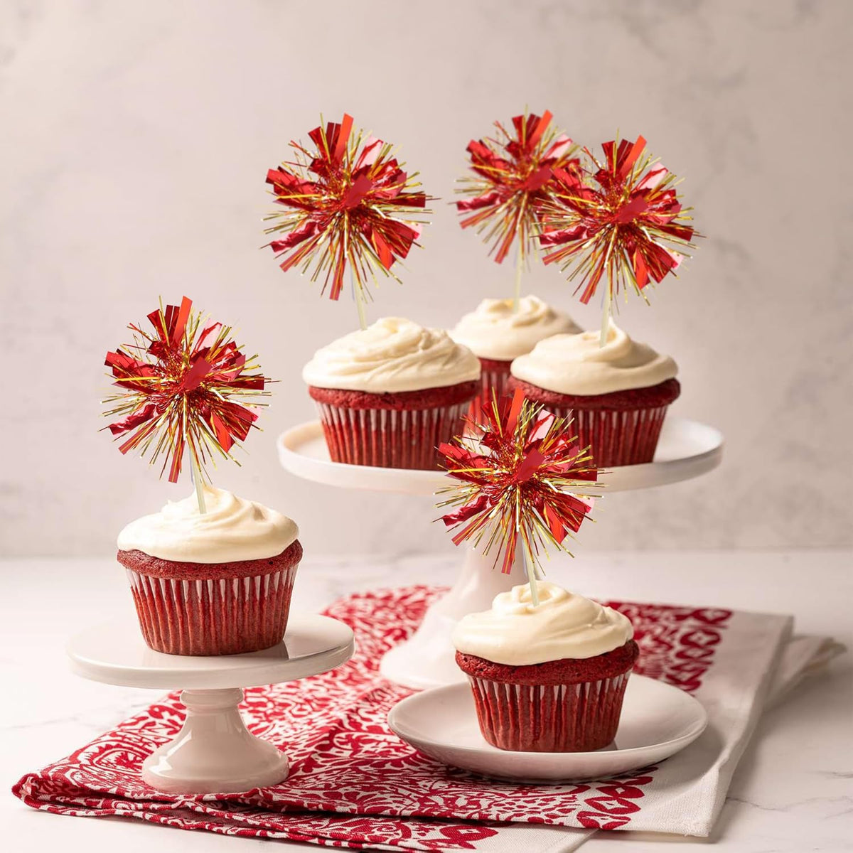 Gyufise 20Pcs Foil Firework Cupcake Toppers Sparkle Tinsel Cake Toppers Tinsel Drink Cake Decoration Cocktail Picks for Birthday Wedding Graduation Party Supplies Gold Red