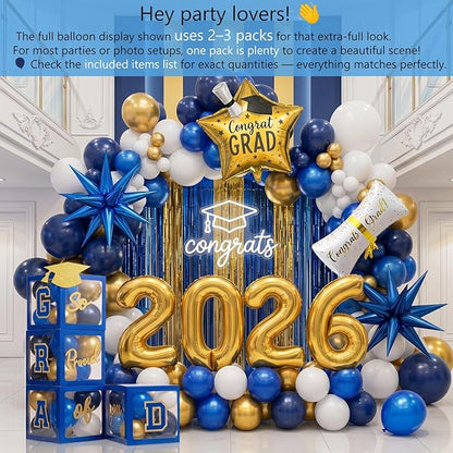 Blue and gold Graduation Decorations 2026 Set of 4 GRAD Balloon Boxes with Balloon Arch Garland Kit mylar balloons and shimmer Fringe Curtains So Proud of You 2026 prom Graduation Decorations
