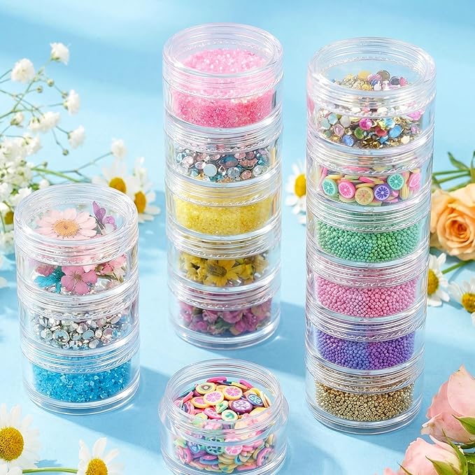 8 Sets 6 Layer Stackable Plastic Containers, 10G/10ML Clear Cosmetic Storage Box Round Organizer Jars for Beads, Buttons, Small Jewelry Findings