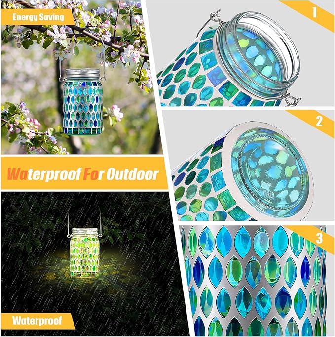 3 Pieces Solar Powered Mosaic Lights, Outdoor Hanging Solar Lantern Lamp Waterproof Table Lamp Mosaic Night Light for Tree, Garden, Patio, Party, Yard, Outdoor, Indoor Decorations (Blue)