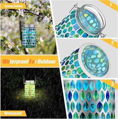 3 Pieces Solar Powered Mosaic Lights, Outdoor Hanging Solar Lantern Lamp Waterproof Table Lamp Mosaic Night Light for Tree, Garden, Patio, Party, Yard, Outdoor, Indoor Decorations (Blue)