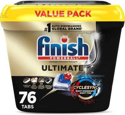 Finish Ultimate Dishwasher Pods, No Pre-Rinse Dishwasher Detergent Soap Removes Burnt-On Stain, with CycleSync Technology, Degreasing & Scrubbing Power, 76 Count