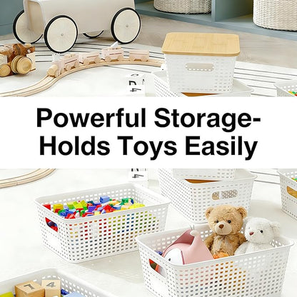 6-Pack Stackable Plastic Woven Storage Baskets with Lids, Hollow Out Weave Bins with Handles + 2 Kraft Labels (WhiteBasket-BambooLid)
