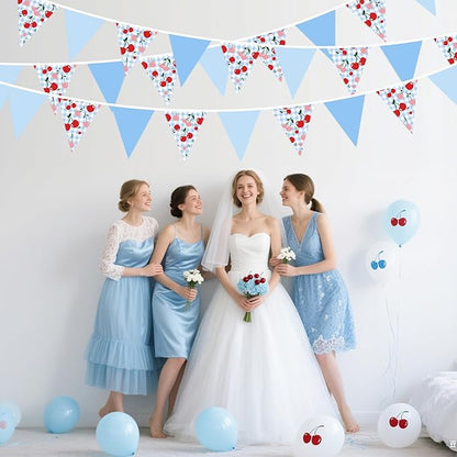 32Ft Blue Gingham Cheery Pennant Banner Fabric Triangle Flag Garland Streamers Party Decorations for Ma Cherie Baby Shower Cherry on Top Bachelorette Fruit Birthday Picnic Spring Garden Supplies