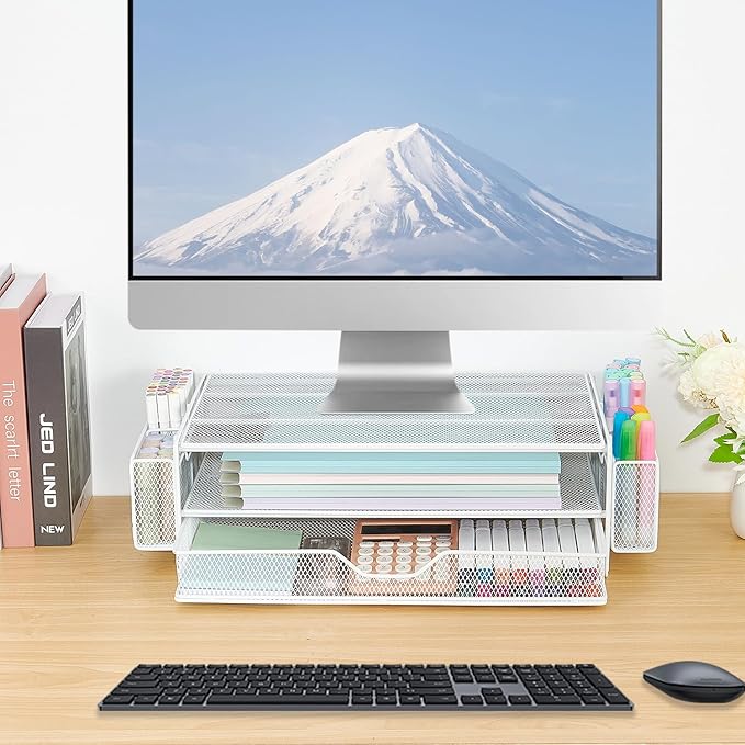AUPSEN Computer Monitor Stands Riser，2-Tier Desk Organizers and Accessories, Office Desk Accessories Organizer with Drawers and 2 Pen Holder for Office Supplies (White)
