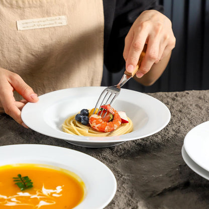 fMBB Ceramic Soup Bowls Shallow Plates, 4 Pack White Dinner Bowls Plates, Porcelain Wide Rim, 8.5 Inch (8.5 oz) Shallow Bowls - Ideal for Soup