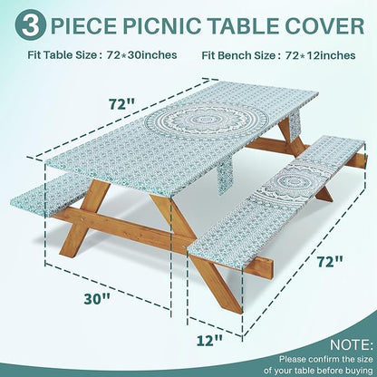 Fitted 6Ft Picnic Table Cover with Chair Covers Elastic Polyester Stain Resistant Reusable Camping Table Cloth Patio Glamping Equipment Hiking Rv Outdoor Necessities Gifts for Grandma Grandpa
