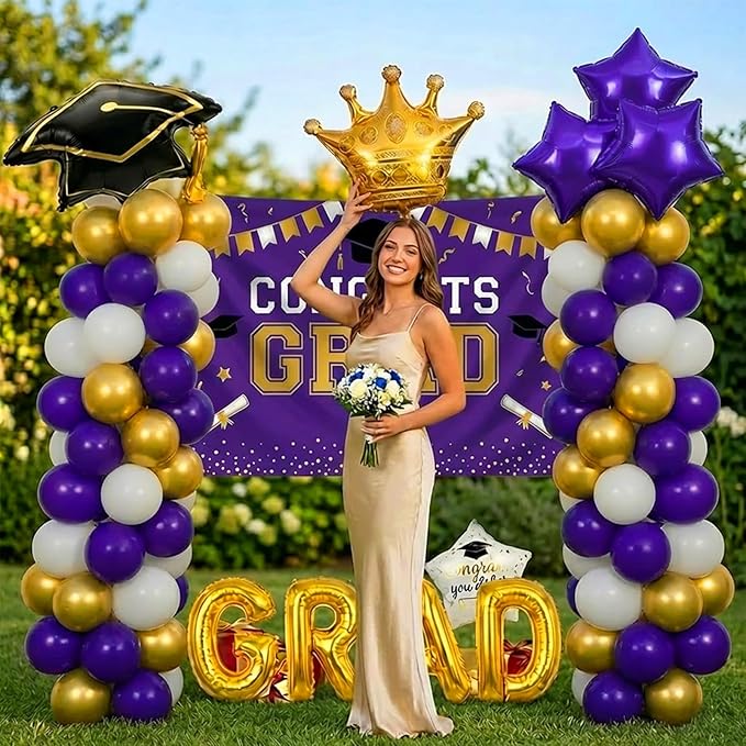 Purple White Gold Balloon Garland Arch Kit with backdrop Stars Graduation Cap crown GRAD Letters Mylar Balloons for 2026 graduate Prom Decorations
