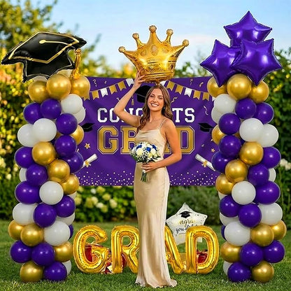 Purple White Gold Balloon Garland Arch Kit with backdrop Stars Graduation Cap crown GRAD Letters Mylar Balloons for 2026 graduate Prom Decorations