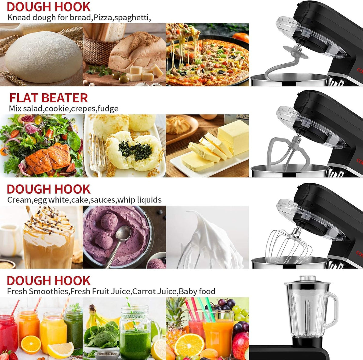 Cooklee 6-IN-1 Stand Mixer, 8.5 Qt. Multifunctional Electric Kitchen Mixer with 9 Accessories for Most Home Cooks, SM-1507BM (Black)