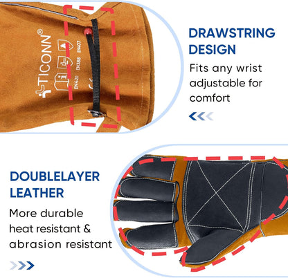 TICONN Welding Gloves, 16 IN L/XL/XXL 1000°F Heat-Resistant Fireproof Leather Gloves for Welders, Stick, Forge, Mig, Tig, BBQ