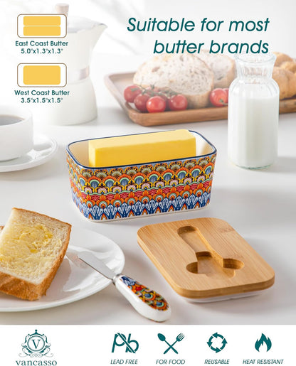 vancasso SIMI Butter Dish with Lid, 6.5" Large Butter Dish for Countertop, Bohemian Ceramic Butter Keeper Container with Knife and Bamboo Lid, Butter Holder for Counter, Regal Bloom