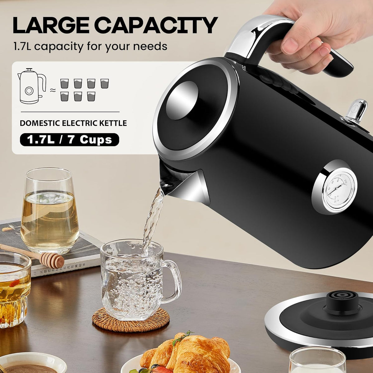 Pukomc Electric Kettle, 1.7L Stainless Steel Tea Kettle with Temperature Gauge, 1500W Water Boiler with LED Light, BPA-Free