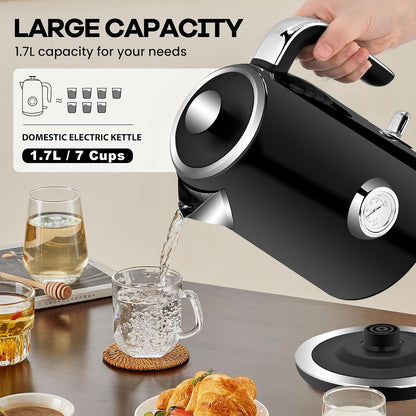 Pukomc Electric Kettle, 1.7L Stainless Steel Tea Kettle with Temperature Gauge, 1500W Water Boiler with LED Light, BPA-Free