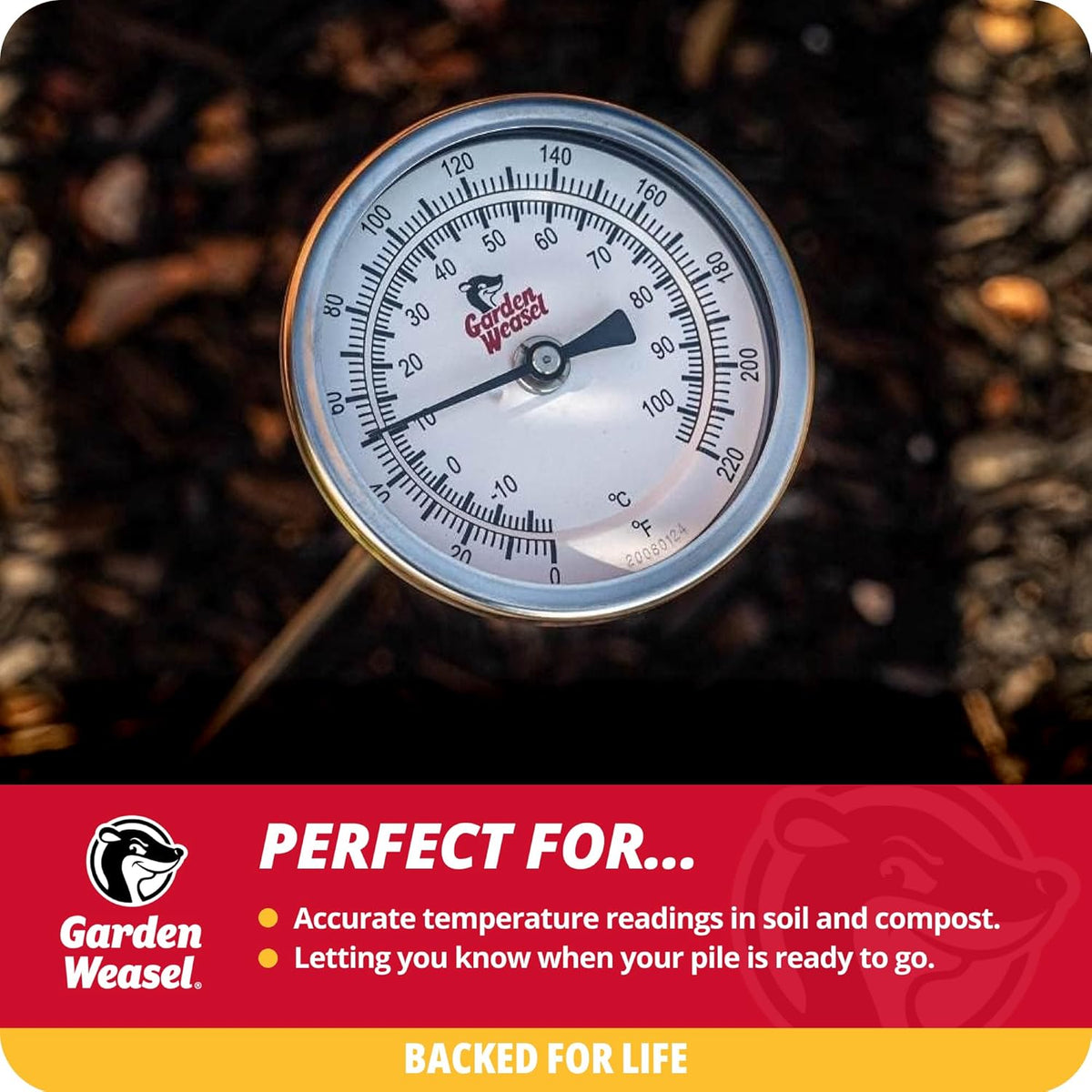 Garden Weasel Analog Soil & Composting Dial Thermometer - 36-Inch Probe, Measures 0 to 220 Degrees Fahrenheit, Soil Temperature, Worm Compost, 98001-A