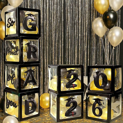 2026 Graduation Balloon Boxes Decorations, 4pcs Graduation Blocks with 32pcs Balloons “GARD” “2026” Letters, So Pround of You Decorations for Class of 2026 Party Supplies for College, High School