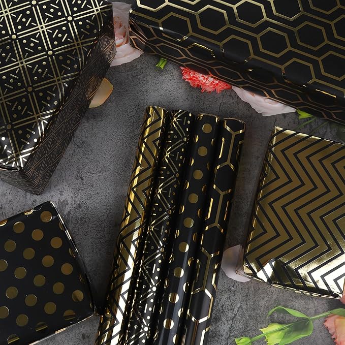 Birthday Wrapping Paper Metallic Black and Gold Geometric Wrapping Paper Gift Wrap for Father's Day Men Husband Boyfriend Mini Roll, 4 Rolls Geometry Pattern - 17 inch x 120 inch(10feet) Per Roll