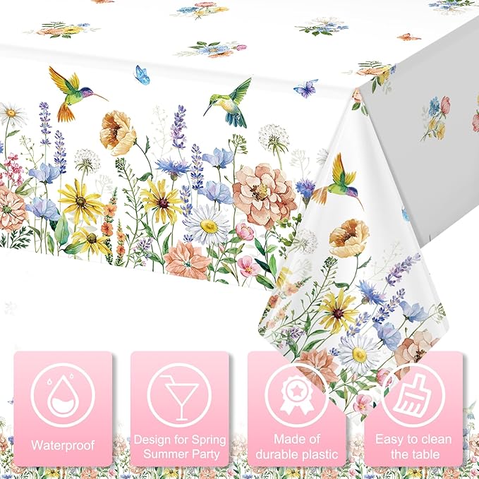 3 Pack Spring Summer Floral Tablecloth Decorations, Wildflower Plastic Disposable Table Cloth, Wild Flower Rectangle Table Cover for Garden Picnic Baby Shower Tea Party Decorations, 54x108 Inch