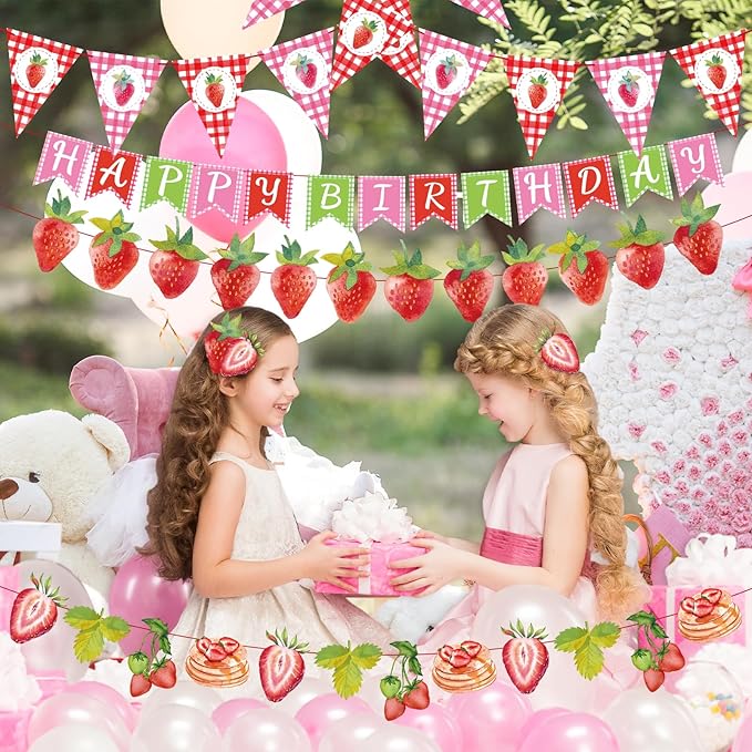 Strawberry Birthday Banners, 5 Pcs Girl Party Banners, Berry First Birthday Decor for Girls, Strawberry Baby Shower