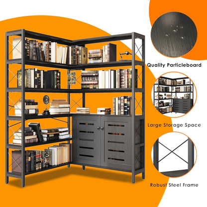 6-Shelf Corner Bookshelf, Vintage Industrial Corner Shelf Etagere Bookcase, Large Book Shelf with Metal Frame Open Storage Corner Cabinet (Black-Lockers, Large)