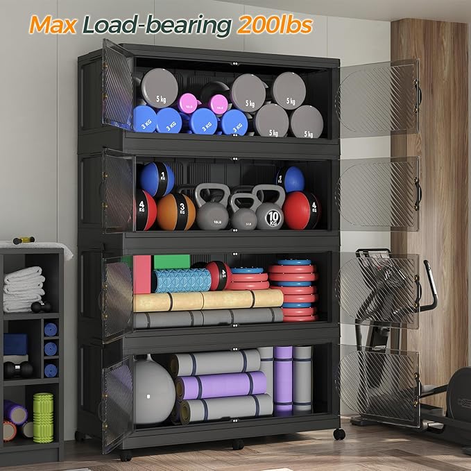 240GAL Plastic Storage Bins with Lid, 960QT Extra Large Stackable Closet Organizers and Storage, Collapsible Storage Boxes with Wheels, Folding Cabinet for Home Kitchen Office, 3Pack Black