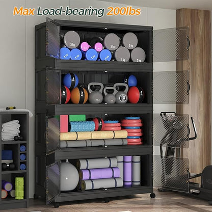 240GAL Plastic Storage Bins with Lid, 960QT Extra Large Stackable Closet Organizers and Storage, Collapsible Storage Boxes with Wheels, Folding Cabinet for Home Kitchen Office, 3Pack Black