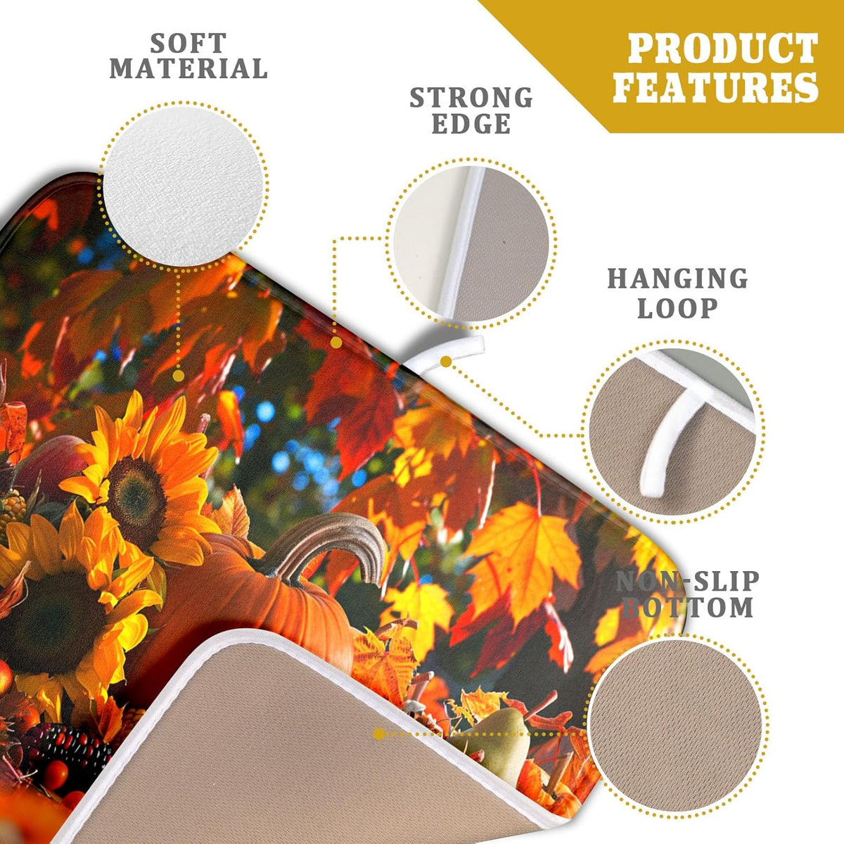 Fall Harvest Pumpkin Dish Drying Mat for Kitchen Counter,Thanksgiving Maple Leaves Sunflower Drying Mat 16 x 18 Inch with Absorbent Reversible
