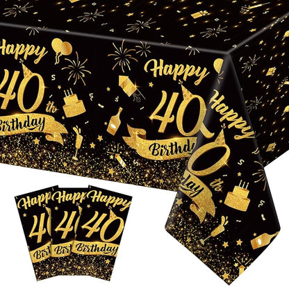 NatNarr 3 Pack 40th Birthday Plastic Tablecloth, 54x108 Inch Black Gold Disposable Rectangle Table Cover Waterproof Table Cloth for Birthday 40 Anniversary Party Supplies