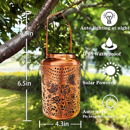 Merrytech Gardering Birthday Gifts for Mom Grandma Women,Solar Butterfly & Rose Lanterns Outdoor Waterproof,Hanging Metal Garden Decor Yard Art Lights,Outside Patio Decorations,Porch,Housewarming,1PC