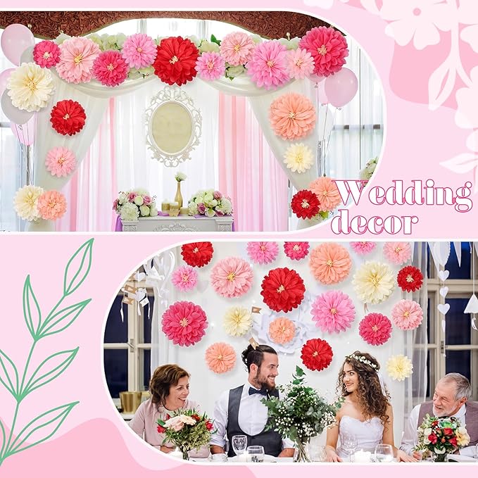 Geyee 18 Pcs Mexican Paper Flowers Colorful Fiesta Tissue Paper Flowers Pom Poms Mexican Carnival for Floral Party Backdrop Wedding Birthday Party Craft(Pink Series,10" 12" 14")