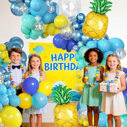 Amandir 165Pcs Cartoon Blue and Yellow Balloons Arch Garland Kit, Teal Metallic Blue Yellow Flower Printed Clear Pineapple Balloons for Cartoon Birthday Shower Ocean Sea Party Backdrop Decorations