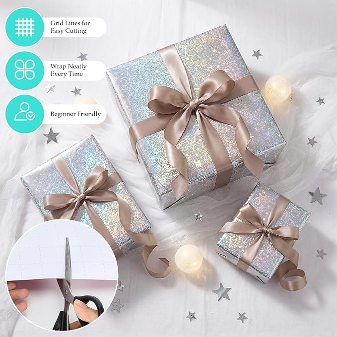 Bafeil Silver Holographic Star Wrapping Paper Roll with Ribbon, Metallic Shiny Gift Wrap, 17 in x 32.8 ft, Sparkly Silver Wrapping Paper for Birthday, Wedding, Graduation, Baby Shower & Holiday Gifts
