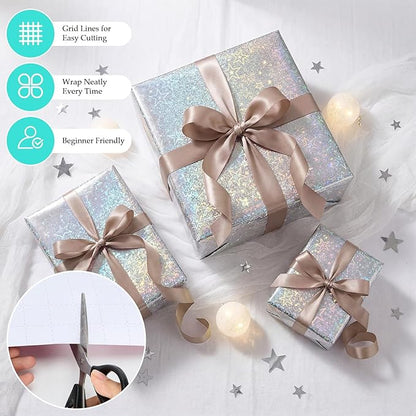 Bafeil Silver Holographic Star Wrapping Paper Roll with Ribbon, Metallic Shiny Gift Wrap, 17 in x 32.8 ft, Sparkly Silver Wrapping Paper for Birthday, Wedding, Graduation, Baby Shower & Holiday Gifts