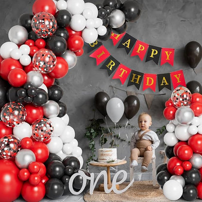 DBKL Red Black and White Balloon Garland Arch Kit with Different Size Red Black White Silver Confetti Balloons for Shower Birthday New Year Graduation Wedding Racing Car Poker Party Decorations