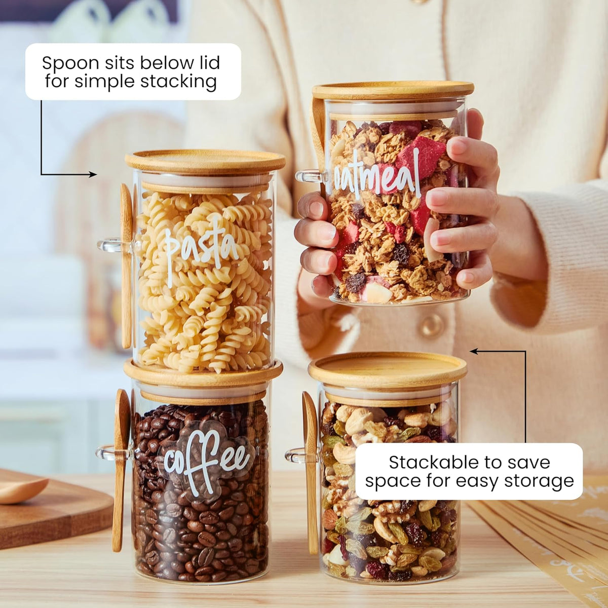 Talented Kitchen Glass Food Storage Containers with Lids - 4-Pack 17 oz Glass - Stackable Kitchen Jars for Pantry