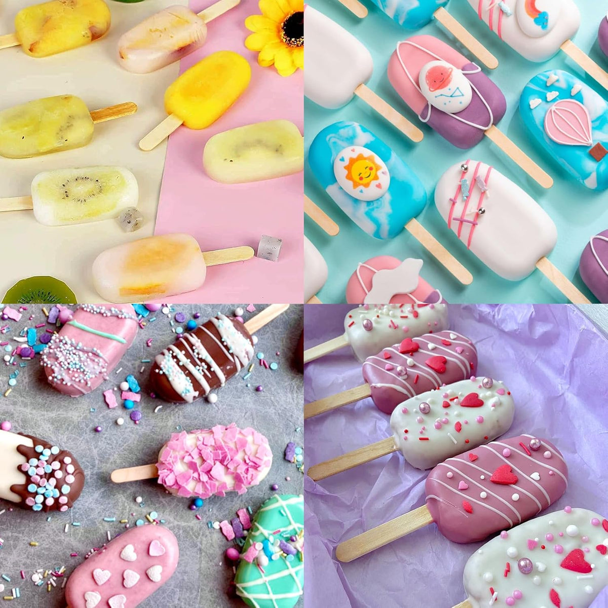 Ouddy Life Popsicle Molds Set of 2, Ice Pop Molds Silicone 4 Cavities Ice Cream Mold Oval Cake Pop Mold with 50 Wooden Sticks for DIY Popsicle