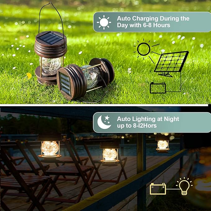 pearlstar Solar Lanterns Outdoor Hanging Solar Lights, 2PK Table Lamps with Retro Design, Garden Lantern Vintage Design for Landscape Yard Table Pathway Beach Decoration
