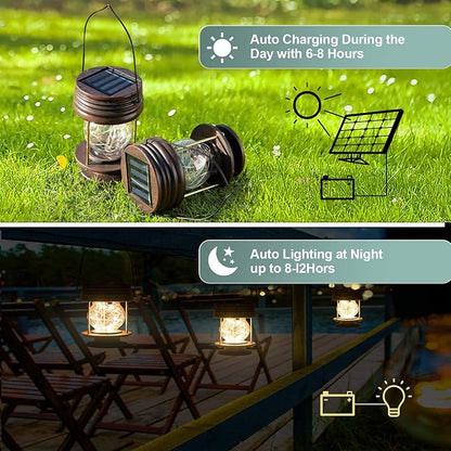 pearlstar Solar Lanterns Outdoor Hanging Solar Lights, 2PK Table Lamps with Retro Design, Garden Lantern Vintage Design for Landscape Yard Table Pathway Beach Decoration