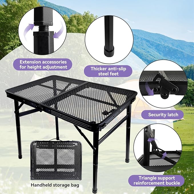 BRIAN & DANY Camping Table Folding Grill Table, Small Foldable Table Height Adjustable, Portable Metal Picnic Table for Outdoor, Black, 2x1.3FT