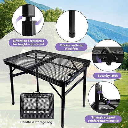 BRIAN & DANY Camping Table Folding Grill Table, Small Foldable Table Height Adjustable, Portable Metal Picnic Table for Outdoor, Black, 2x1.3FT