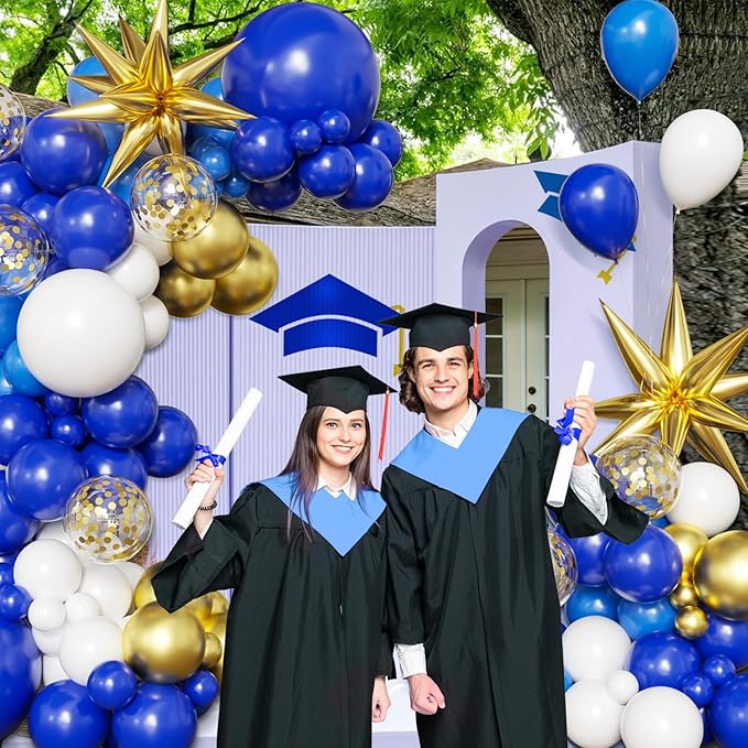 Blue White Gold Balloon Arch Kit Graduation Decorations 2026, 130Pcs Blue and White Balloons and Foil Star Balloon with Confetti Ribbons Grad Party Decorations for College High School Class of 2026