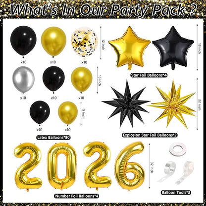 Graduation Decorations Class of 2026 Congrats Grad 2026 Party Supplies Include Backdrop Tablecloth Balloon Boxes with Letters Honeycomb Centerpieces Balloon Arch Kit Foil Balloons (Black and Gold)
