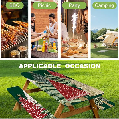 ANNA QUEEN 6FT Green Christmas Tree Picnic Table Cover Set 3PCS 72"x30", Waterproof Outdoor Bench and Tablecloth Furniture Protection for Camping Beach BBQ Patio Backyard