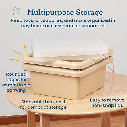 ECR4Kids Stackable Square Bins with Non-Snap Lids, Multipurpose Organization, Sand, 2-Pack