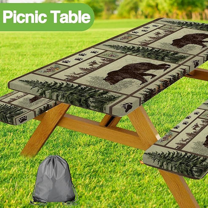 JAWO Picnic Table Cover with Bench Covers Rustic Bear Pattern Waterproof Windproof Fitted Outdoor Patio Camping Rectangle Tablecloth 72x30 Inch Elastic Edges